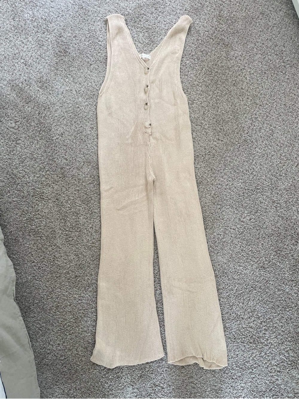 Etophe studios 100% Cotton Soft Stretchy Knit Button-Front Jumpsuit in Beige